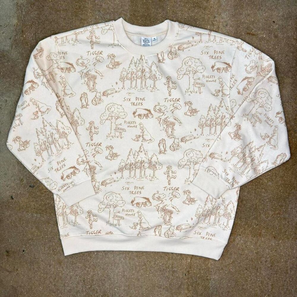 Disney Winnie‎ The Pooh Crewneck Sweatshirt Mens M All Over Print Beige